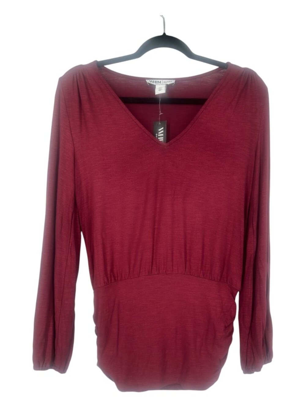 WHBM Outlet Top Women's XXS Burgundy V Neck Ruched Waist Long Sleeve Glam Shirt